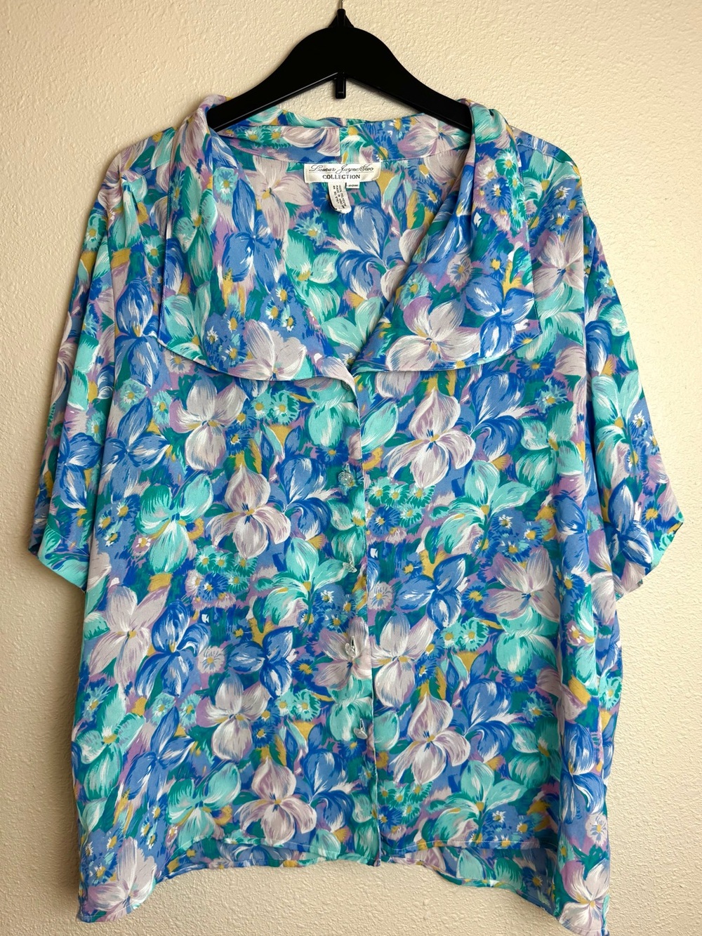 Vintage 80s 90s Laura & Jayne Watercolor Floral Blouse Plus Size 2OW Wide Collar